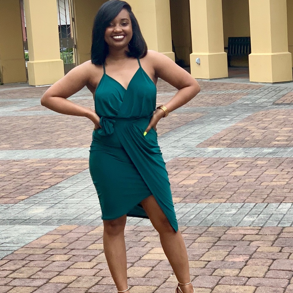 Emerald green spaghetti strap wrap dress